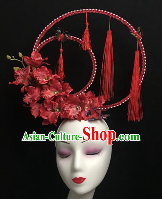 Top Halloween Red Flowers Tassel Hair Accessories Chinese Traditional Catwalks Giant Headpiece for Women