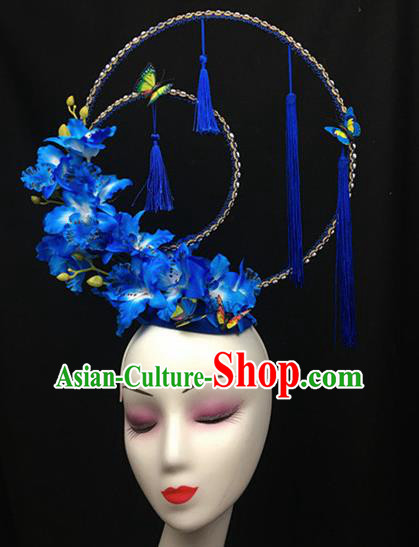 Top Halloween Blue Flowers Tassel Hair Accessories Chinese Traditional Catwalks Giant Headpiece for Women