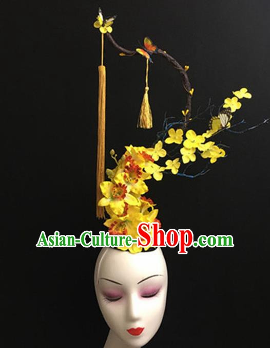 Top Halloween Yellow Tassel Branch Hair Accessories Chinese Traditional Catwalks Giant Headpiece for Women