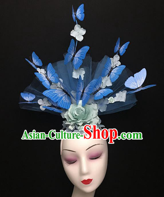 Top Halloween Catwalks Hair Accessories Stage Show Blue Butterfly Peony Headdress for Women