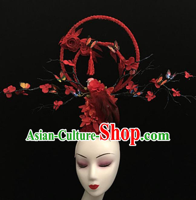 Top Halloween Giant Hair Accessories Chinese Traditional Catwalks Red Bird Headpiece for Women