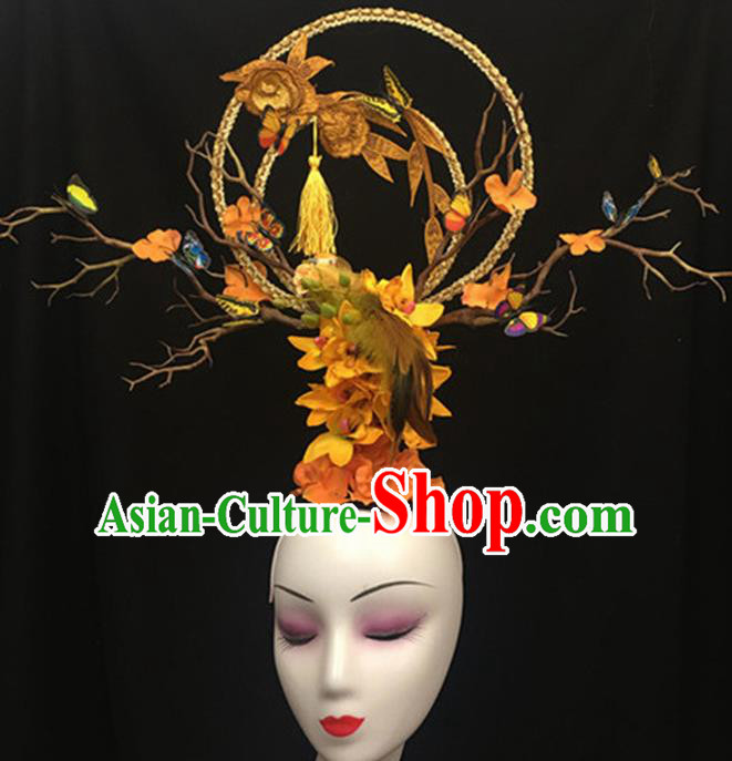 Top Halloween Giant Hair Accessories Chinese Traditional Catwalks Yellow Bird Headpiece for Women