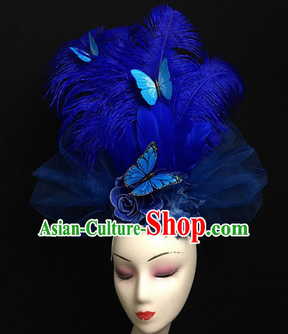 Top Halloween Catwalks Hair Accessories Stage Show Blue Feather Headdress for Women