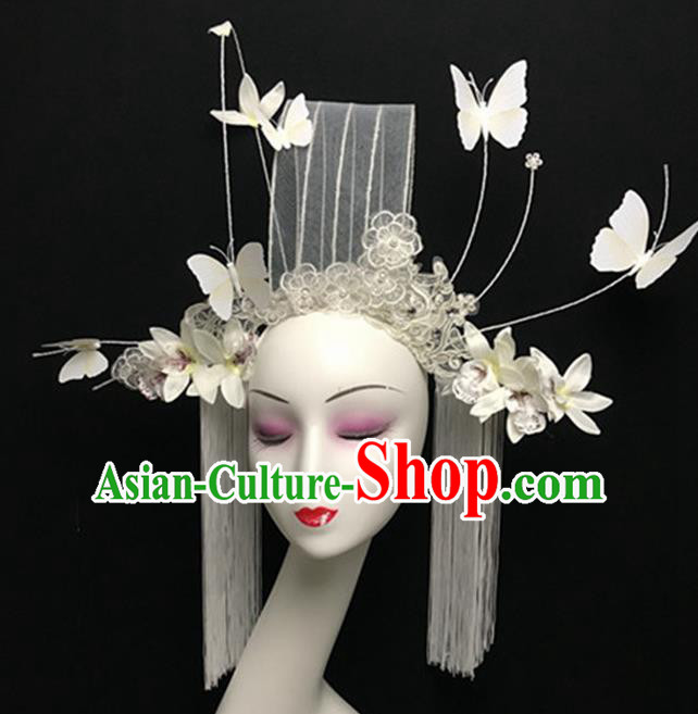 Top Halloween Giant Hair Accessories Chinese Traditional Catwalks White Lace Butterfly Headpiece for Women