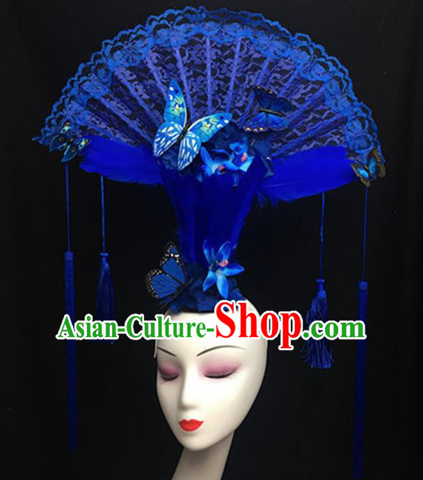 Top Halloween Giant Hair Accessories Chinese Traditional Catwalks Blue Lace Headpiece for Women