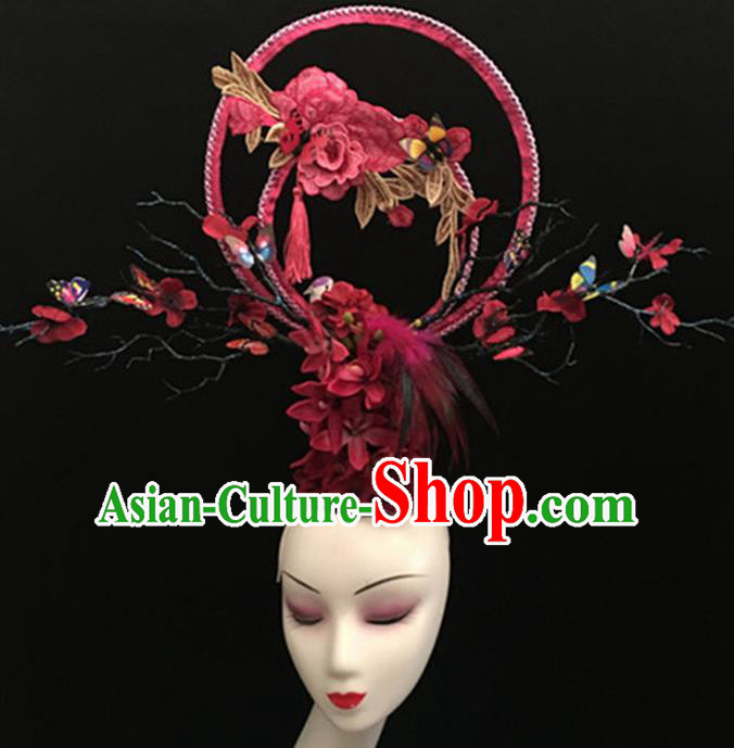 Top Halloween Giant Hair Accessories Chinese Traditional Catwalks Rosy Peony Headpiece for Women