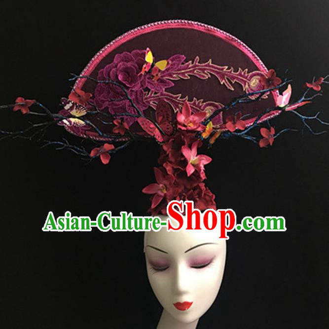 Top Halloween Giant Hair Accessories Chinese Traditional Catwalks Purple Peony Headpiece for Women