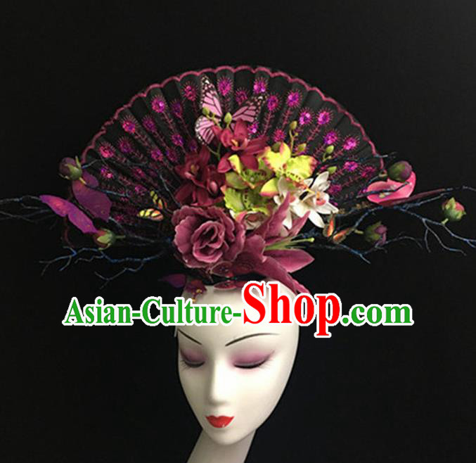 Top Halloween Giant Hair Accessories Chinese Traditional Catwalks Purple Butterfly Headpiece for Women