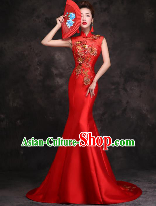 Chinese Traditional Costumes Elegant Wedding Mermaid Full Dress Red Qipao Dress for Women