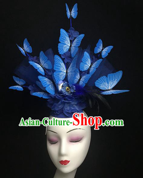 Top Halloween Catwalks Hair Accessories Stage Show Blue Butterfly Headdress for Women