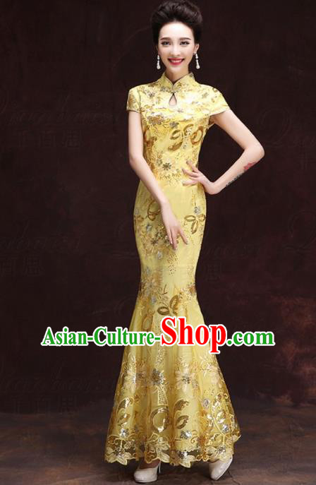 Chinese Traditional Costumes Elegant Mermaid Full Dress Yellow Qipao Dress for Women