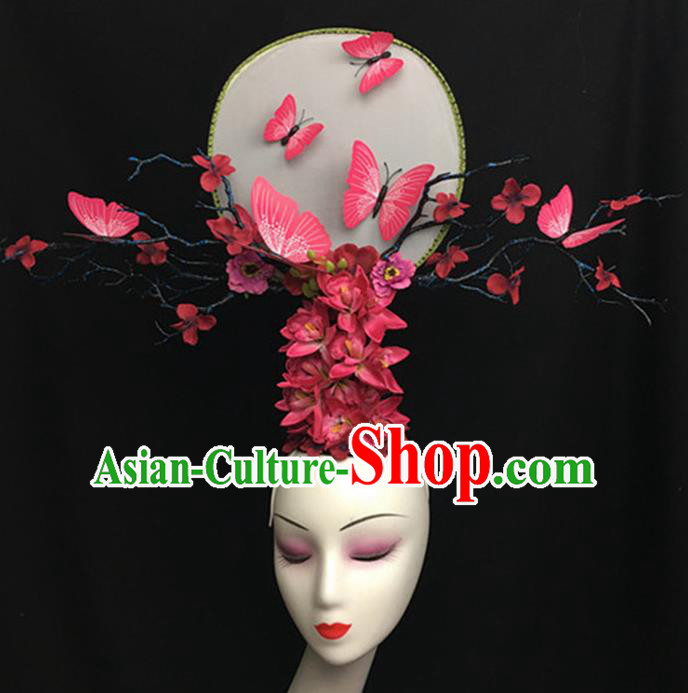 Top Halloween Stage Show Giant Hair Accessories Chinese Traditional Catwalks Pink Butterfly Headpiece for Women