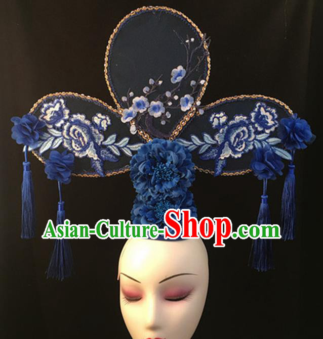 Top Halloween Stage Show Blue Peony Giant Hair Accessories Chinese Traditional Catwalks Headpiece for Women