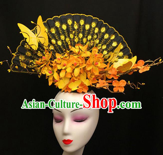 Top Halloween Stage Show Giant Hair Accessories Chinese Traditional Catwalks Yellow Flowers Headpiece for Women