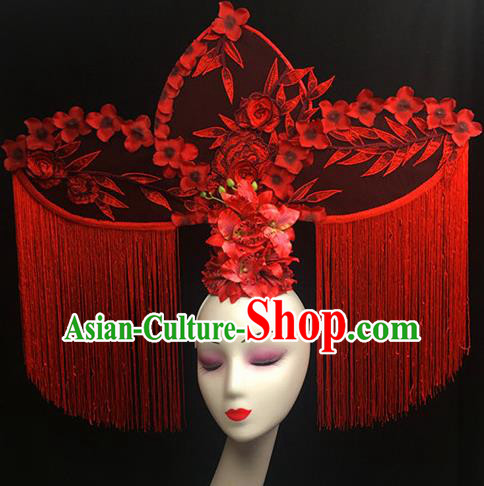 Top Halloween Stage Show Red Peony Giant Hair Accessories Chinese Traditional Palace Catwalks Headpiece for Women