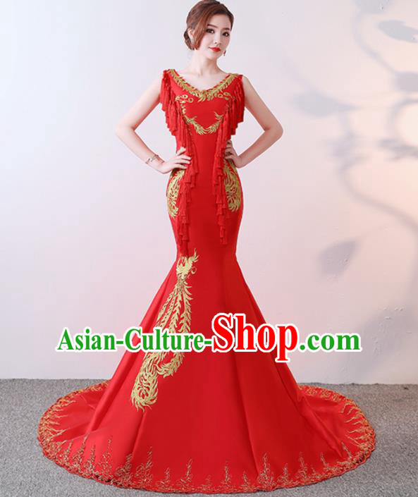 Chinese Traditional Costumes Elegant Red Trailing Full Dress Qipao Dress for Women