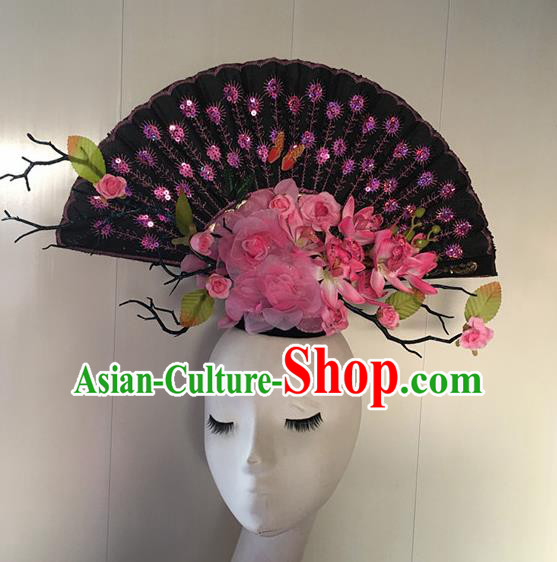 Top Halloween Pink Peony Giant Hair Accessories Stage Show Chinese Traditional Palace Catwalks Headpiece for Women