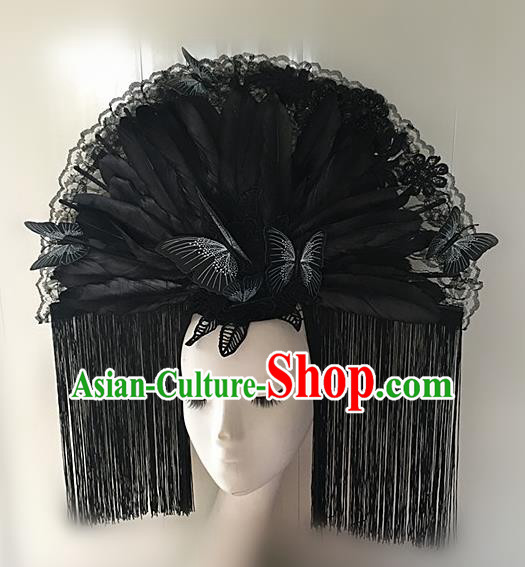 Top Halloween Black Feather Tassel Giant Hair Accessories Stage Show Chinese Traditional Palace Catwalks Headpiece for Women