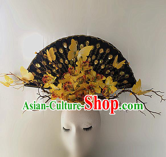 Top Halloween Yellow Butterfly Giant Hair Accessories Stage Show Chinese Traditional Palace Catwalks Headpiece for Women