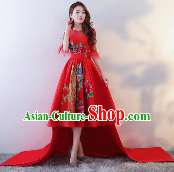 Chinese Traditional Costumes Elegant Red Full Dress Compere Qipao Dress for Women