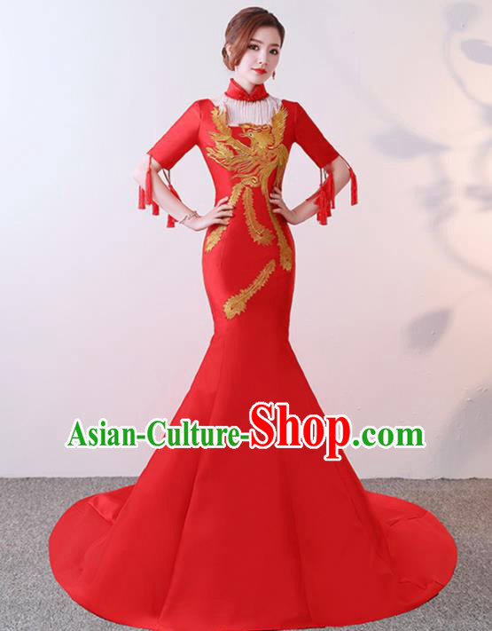 Chinese Traditional Costumes Elegant Red Full Dress Compere Qipao Dress for Women