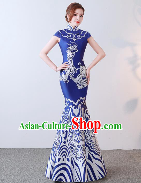 Chinese Traditional Qipao Dress Elegant Compere Blue Full Dress for Women