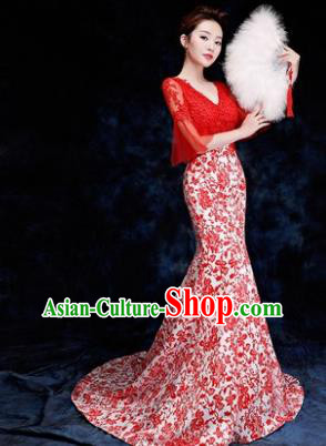 Chinese Traditional Costumes Elegant Red Lace Full Dress Compere Qipao Dress for Women