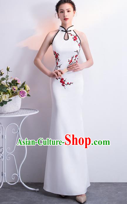 Chinese Traditional White Cheongsam Qipao Dress Elegant Compere Full Dress for Women