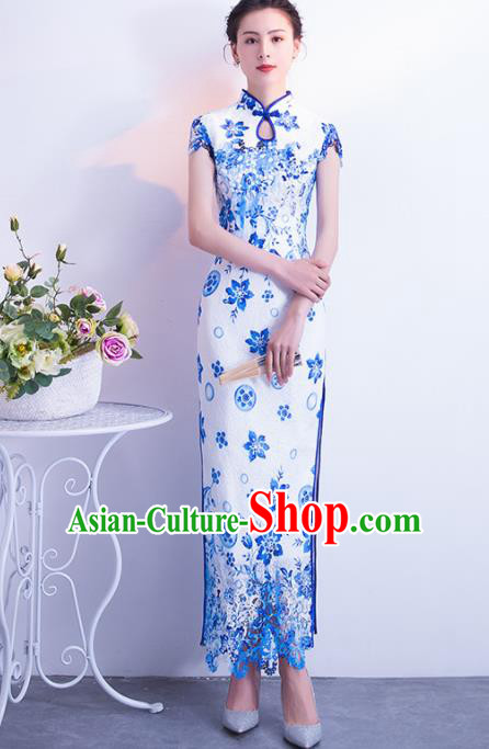 Chinese Traditional Blue Cheongsam Qipao Dress Elegant Compere Full Dress for Women