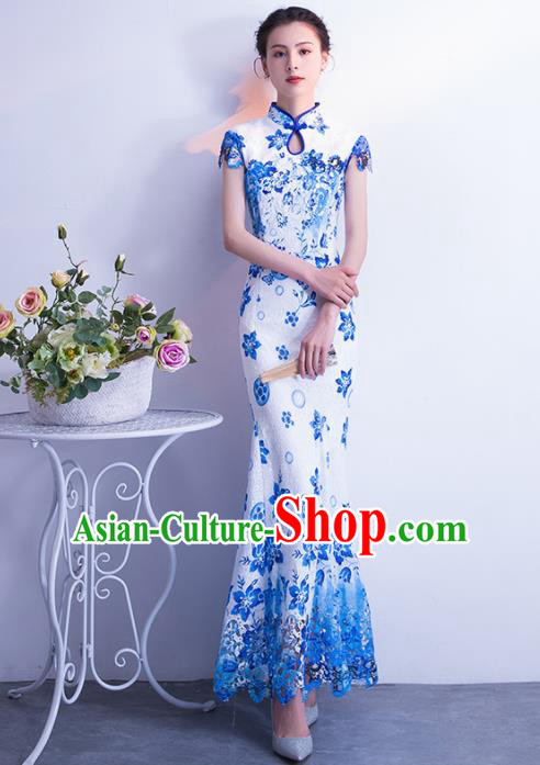 Chinese Traditional Blue Cheongsam Mermaid Qipao Dress Elegant Compere Full Dress for Women