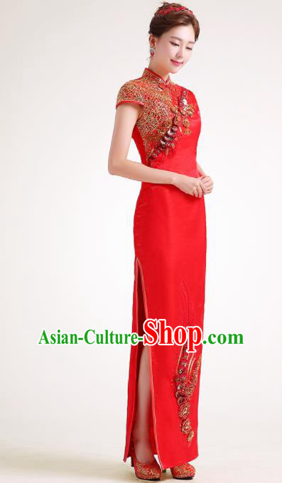 Chinese Traditional Red Cheongsam Elegant Qipao Dress Compere Full Dress for Women