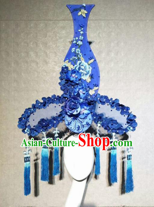 Asian Chinese Traditional Hair Accessories Catwalks Blue Vase Flowers Headdress for Women