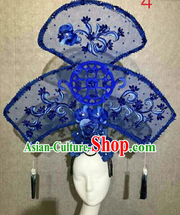 Asian Chinese Traditional Hair Accessories Catwalks Blue Embroidered Headdress for Women