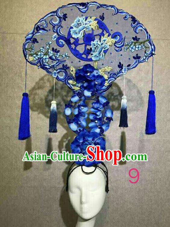 Asian Chinese Traditional Hair Accessories Catwalks Embroidered Blue Peony Headdress for Women