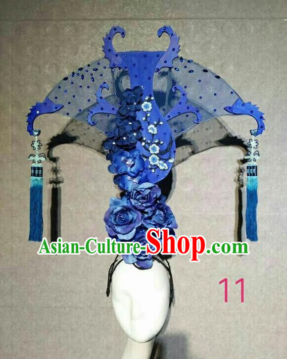 Asian Chinese Traditional Hair Accessories Catwalks Blue Peony Headdress for Women