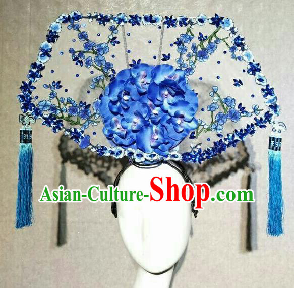 Asian Chinese Traditional Hair Accessories Catwalks Blue Embroidered Headdress for Women