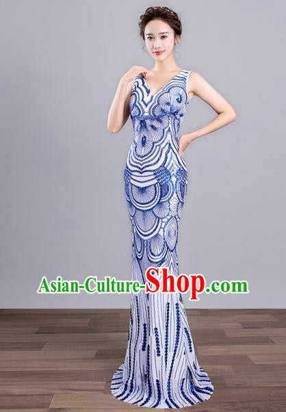 Top Grade Stage Performance Costumes Modern Dance Elegant Blue Full Dress for Women