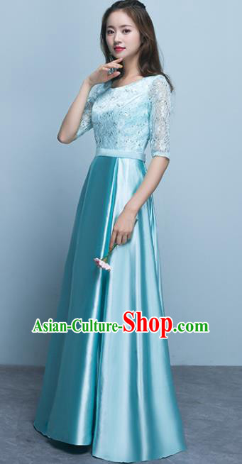 Top Grade Stage Performance Compere Blue Formal Dress Chorus Elegant Lace Full Dress for Women