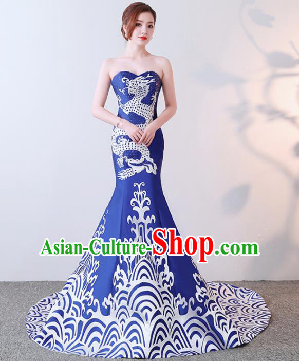 Chinese Traditional Trailing Qipao Dress Elegant Compere Blue Full Dress for Women