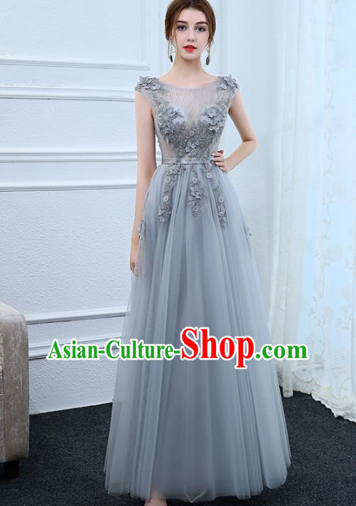 Top Grade Stage Performance Compere Formal Dress Chorus Elegant Grey Veil Full Dress for Women