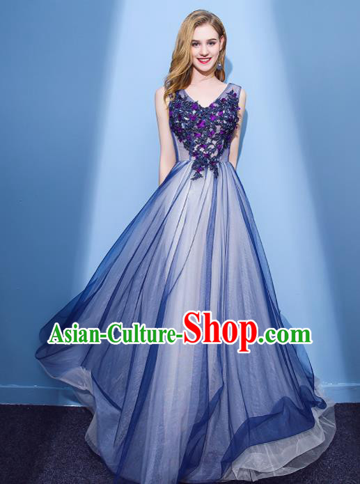 Top Grade Stage Performance Compere Formal Dress Chorus Elegant Blue Veil Full Dress for Women