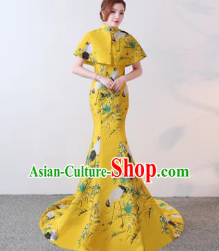 Chinese Traditional Trailing Yellow Qipao Dress Elegant Compere Full Dress for Women