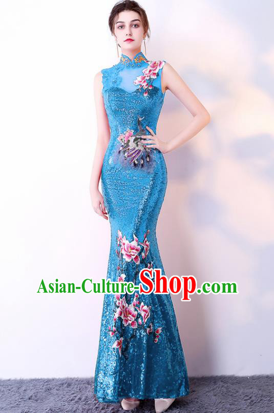 Chinese Traditional Blue Cheongsam Elegant Embroidered Qipao Dress Compere Full Dress for Women