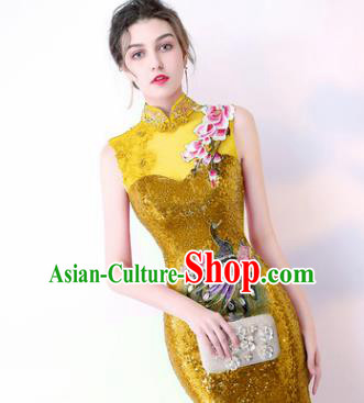 Chinese Traditional Golden Cheongsam Elegant Embroidered Qipao Dress Compere Full Dress for Women