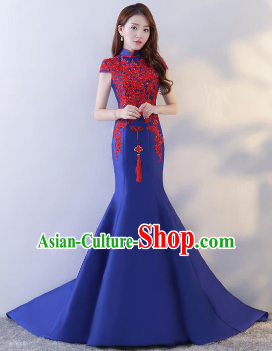 Chinese Traditional Cheongsam Elegant Royalblue Qipao Dress Compere Full Dress for Women