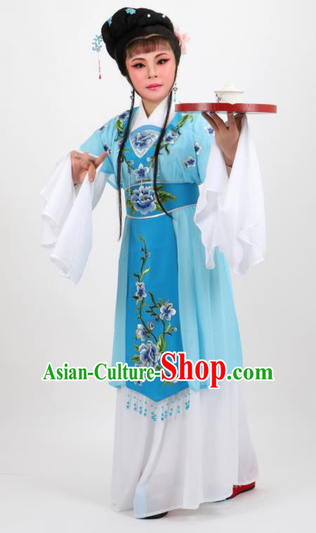 Chinese Traditional Peking Opera Diva Kou Zhu Blue Dress Ancient Court Maid Costume for Women