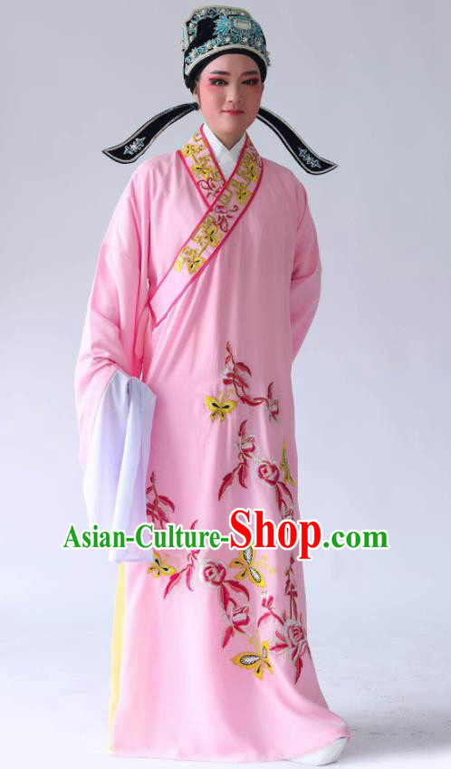 Chinese Traditional Beijing Opera Embroidered Peony Butterfly Pink Robe Ancient Scholar Costume for Men