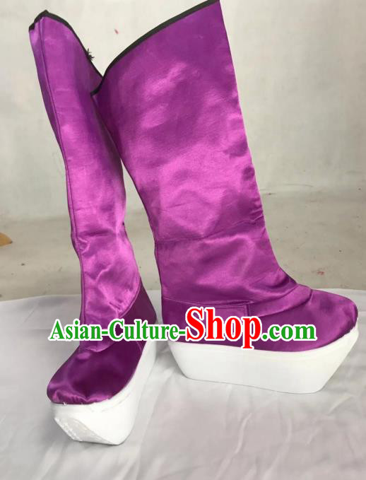 Traditional China Beijing Opera Officer Purple Boots Ancient Chinese Peking Opera Takefu Shoes