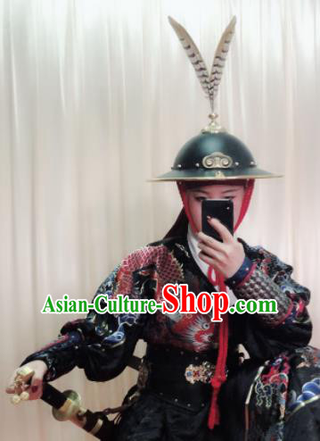 Chinese Traditional Swordsman Helmet Headwear Ancient Ming Dynasty Blades Hat for Men