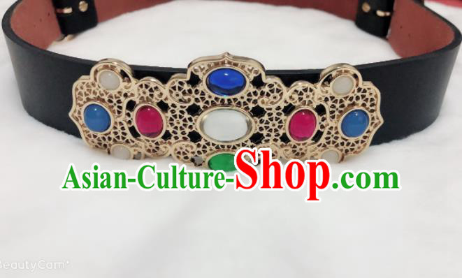 Chinese Traditional Hanfu Gem Belts Ancient Ming Dynasty Swordsman Leather Waistband for Men